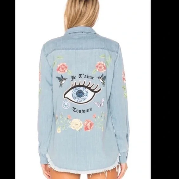 RARE! Lauren Moshi Sloane Love You Forever long-sleeve button-up denim shirt S - Picture 1 of 7